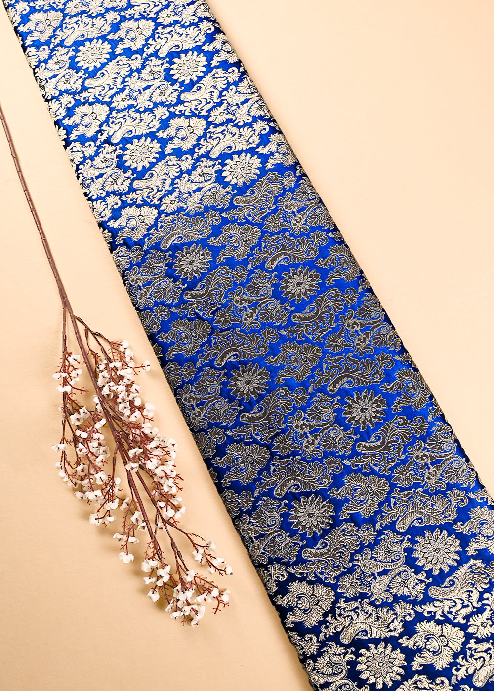 Blue Banarasi Brocade Fabric With All Over Thread And Golden Zari Handloom 23830