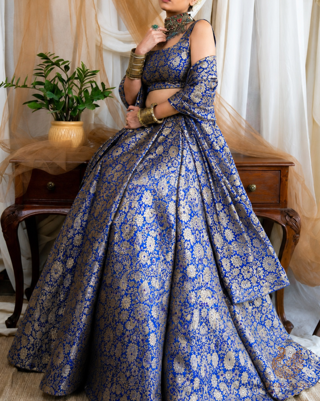Blue Banarasi Brocade Fabric With All Over Thread And Golden Zari Handloom 23830