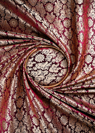 Wine Banarasi Brocade Fabric With All Over Thread And Golden Zari Handloom 23831