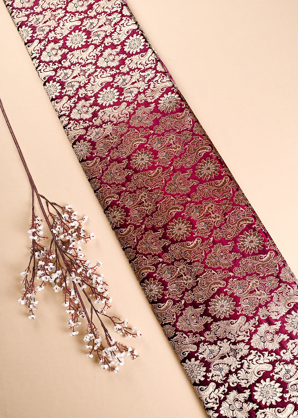 Wine Banarasi Brocade Fabric With All Over Thread And Golden Zari Handloom 23831