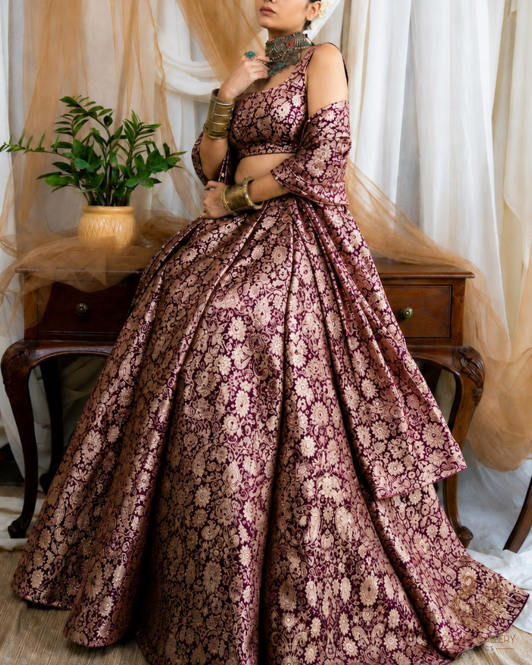 Wine Banarasi Brocade Fabric With All Over Thread And Golden Zari Handloom 23831
