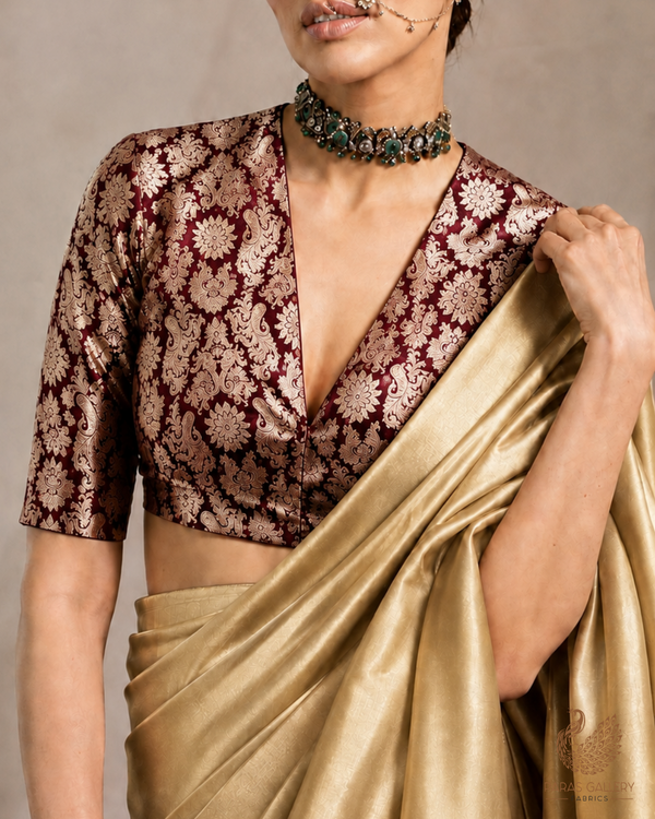 Wine Banarasi Brocade Fabric With All Over Thread And Golden Zari Handloom 23831