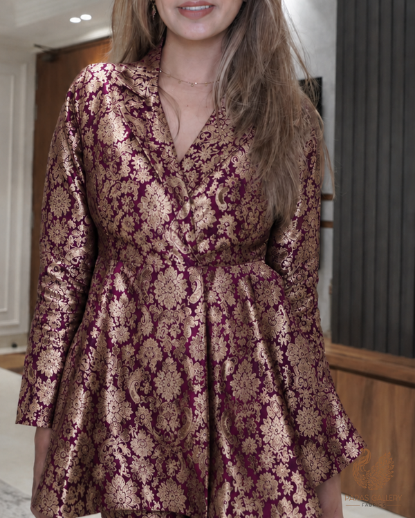 Wine Banarasi Brocade Fabric With All Over Thread And Golden Zari Handloom 23831