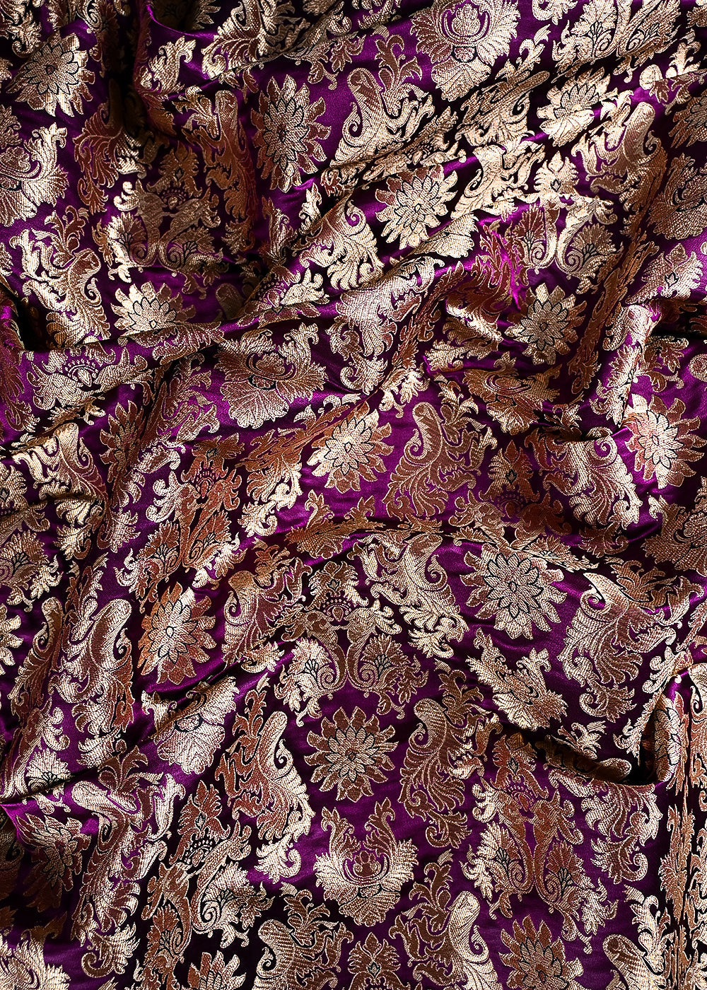 Purple Banarasi Brocade Fabric With All Over Thread And Golden Zari Handloom 23832
