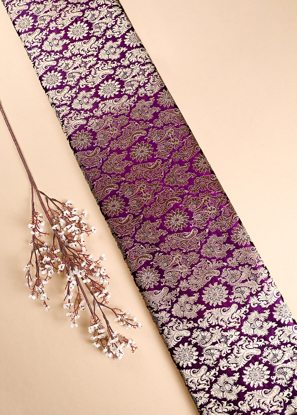 Purple Banarasi Brocade Fabric With All Over Thread And Golden Zari Handloom 23832