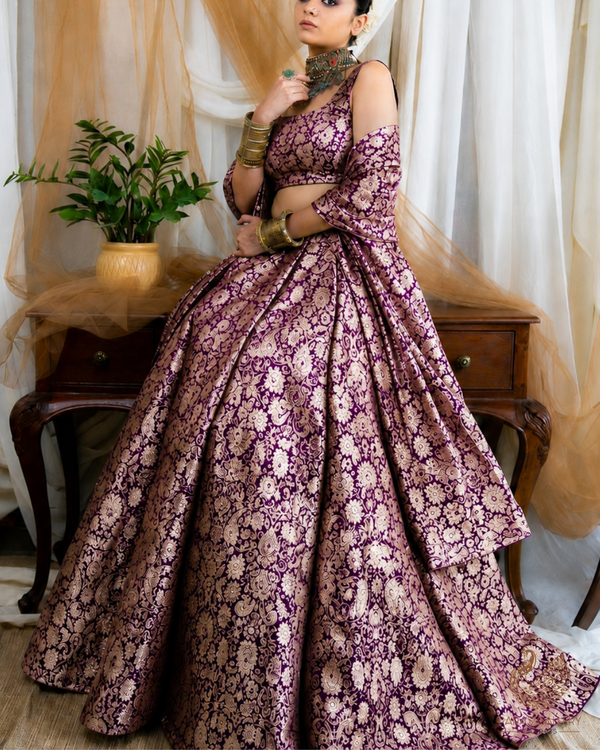 Purple Banarasi Brocade Fabric With All Over Thread And Golden Zari Handloom 23832