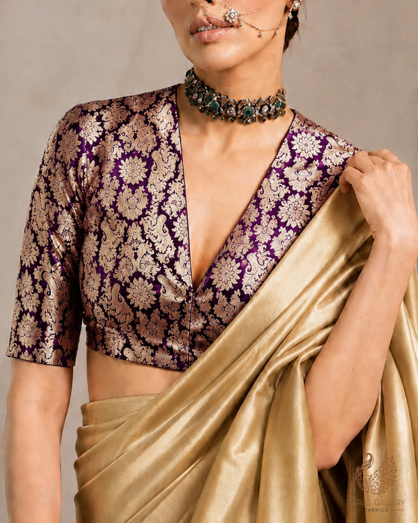 Purple Banarasi Brocade Fabric With All Over Thread And Golden Zari Handloom 23832