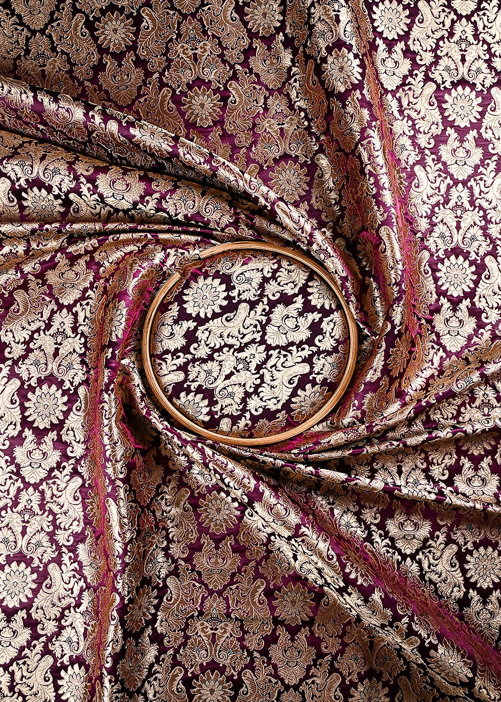 Burgundy Banarasi Brocade Fabric With All Over Thread And Golden Zari Handloom 23833