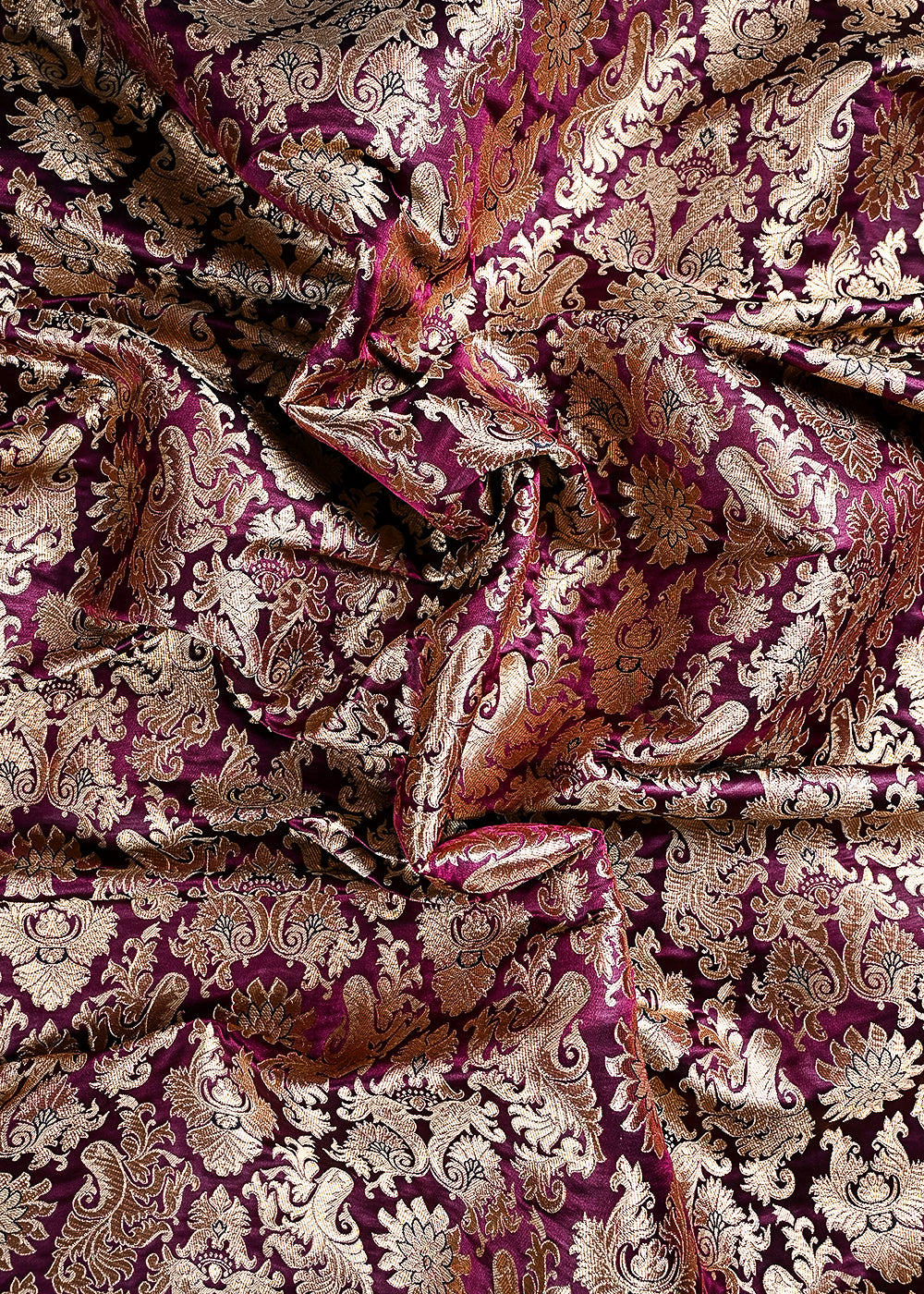 Burgundy Banarasi Brocade Fabric With All Over Thread And Golden Zari Handloom 23833