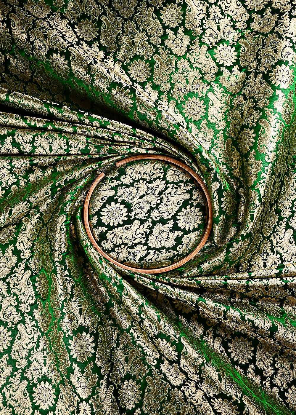 Green Banarasi Brocade Fabric With All Over Thread And Golden Zari Handloom 23834