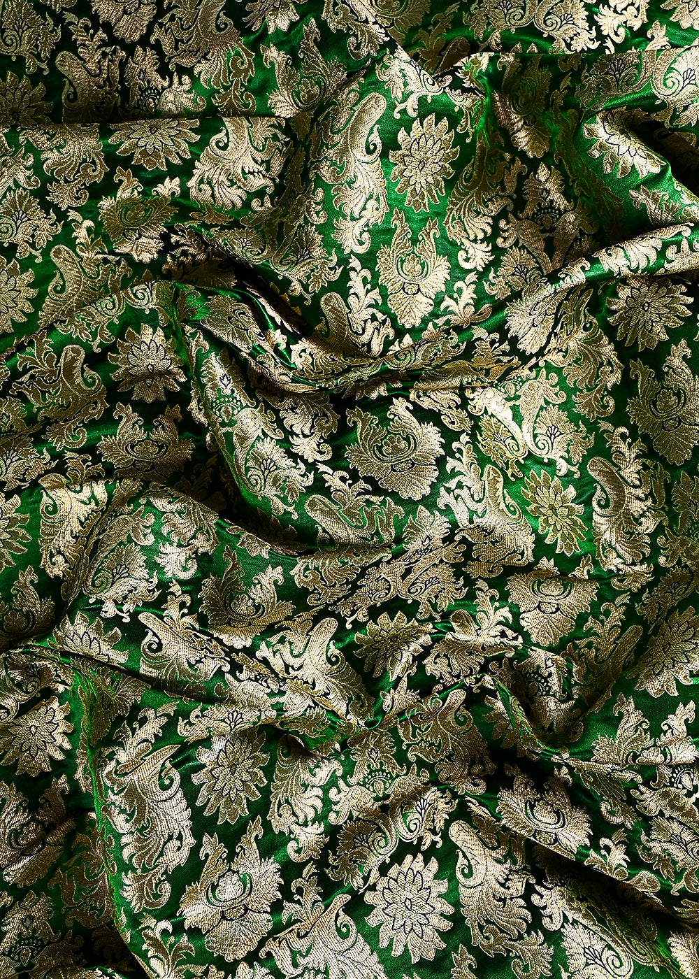 Green Banarasi Brocade Fabric With All Over Thread And Golden Zari Handloom 23834