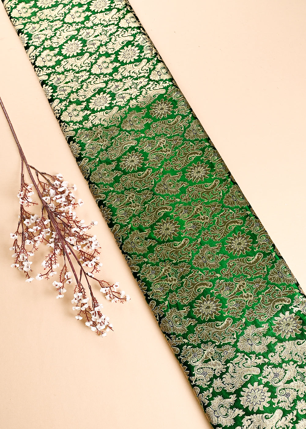 Green Banarasi Brocade Fabric With All Over Thread And Golden Zari Handloom 23834