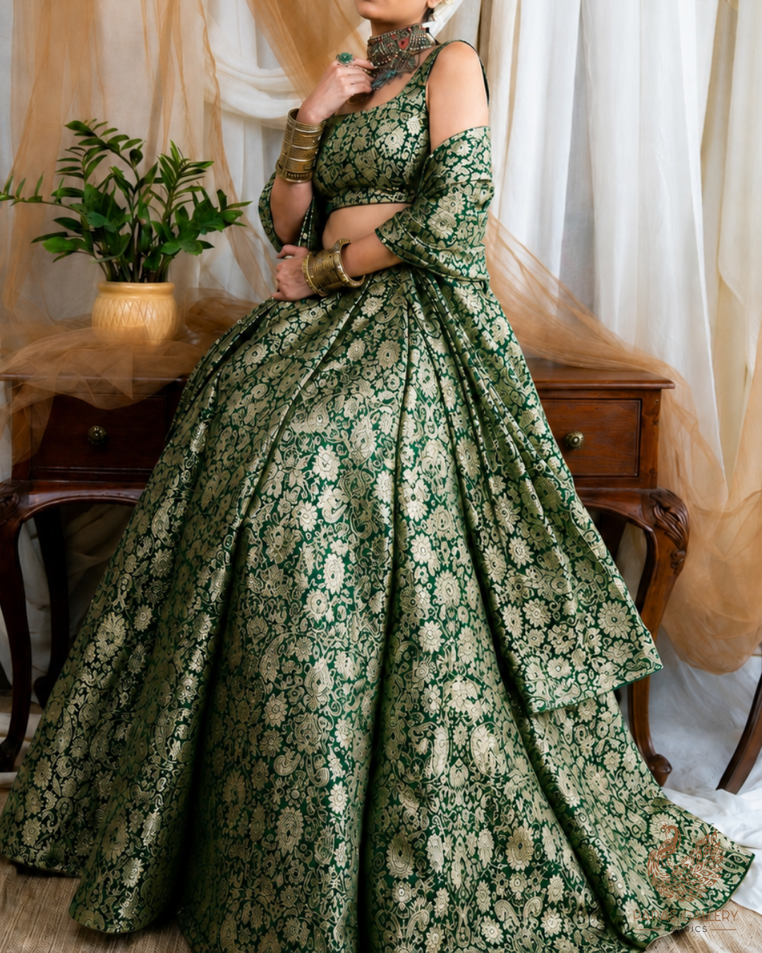 Green Banarasi Brocade Fabric With All Over Thread And Golden Zari Handloom 23834
