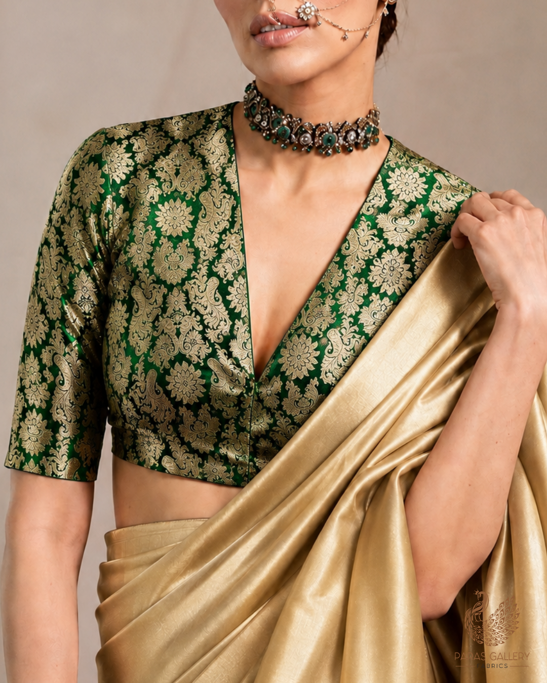 Green Banarasi Brocade Fabric With All Over Thread And Golden Zari Handloom 23834