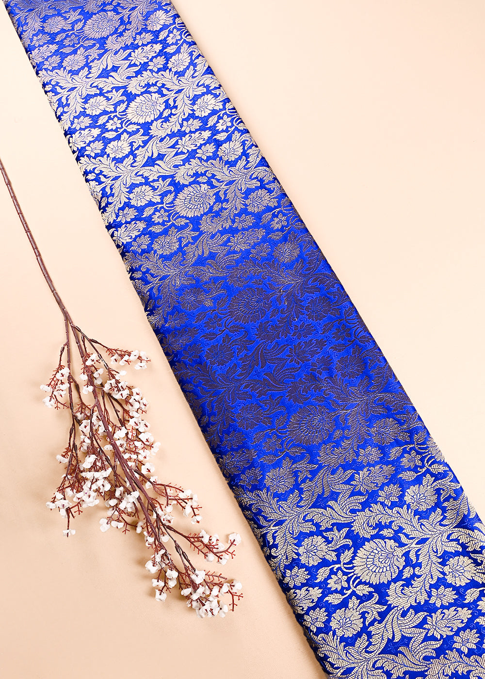 Royal Blue Banarasi Brocade Fabric With All Over Thread And Zari Handloom 23835