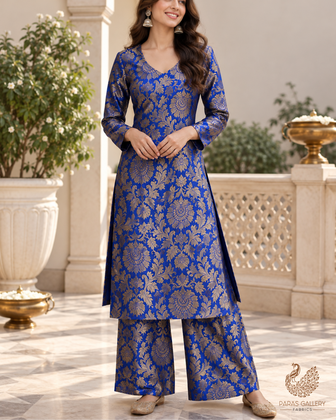 Royal Blue Banarasi Brocade Fabric With All Over Thread And Zari Handloom 23835