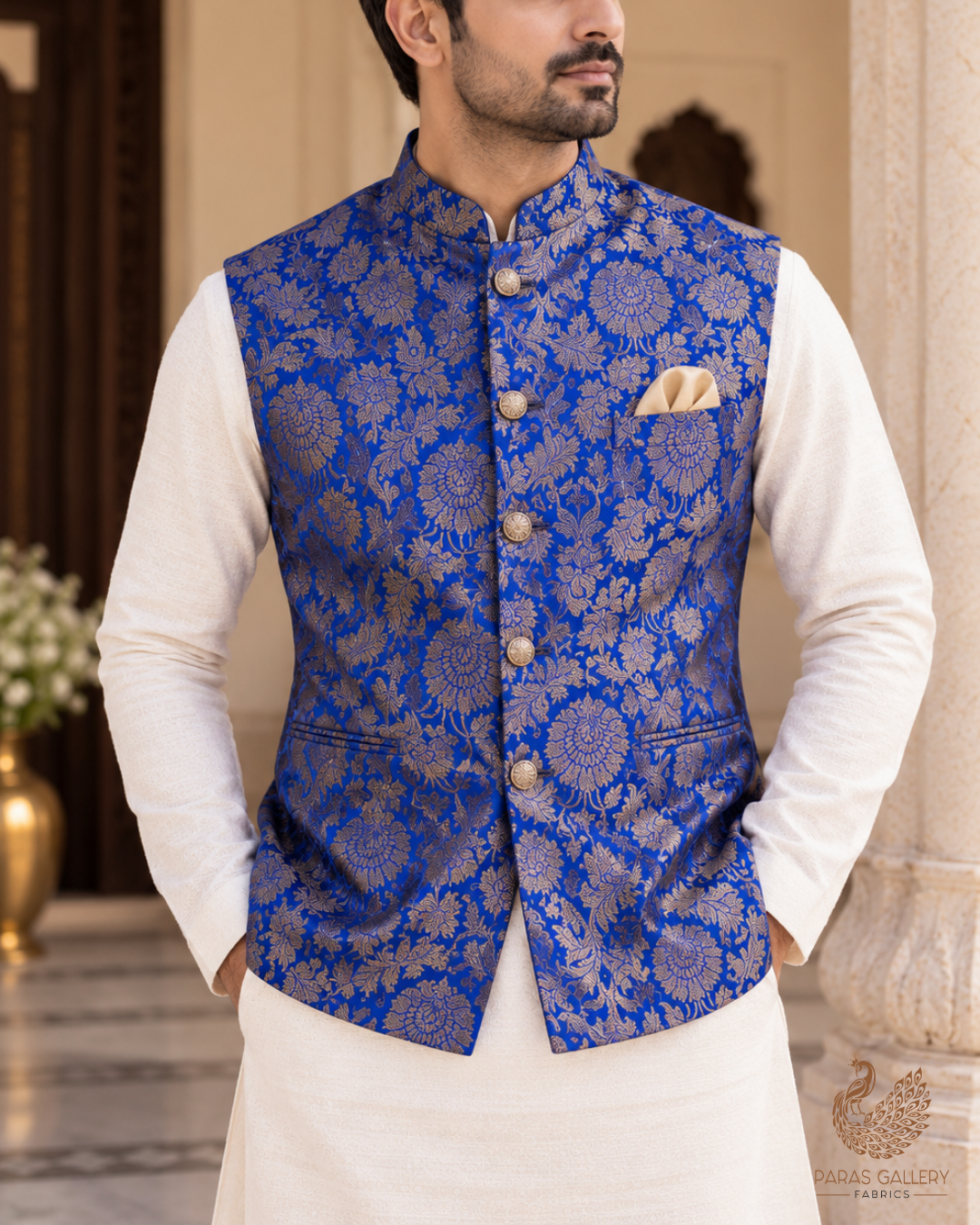 Royal Blue Banarasi Brocade Fabric With All Over Thread And Zari Handloom 23835