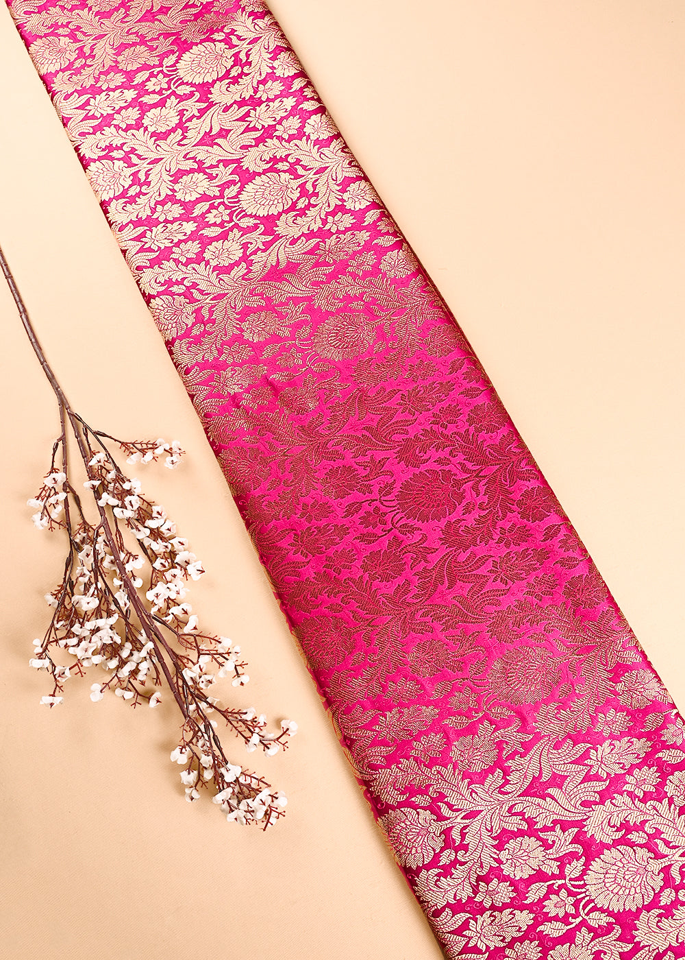 Rani Pink Banarasi Brocade Fabric With All Over Thread And Zari Handloom 23836