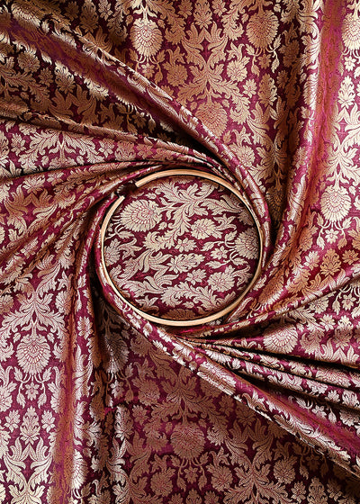 Wine Banarasi Brocade Fabric With All Over Thread And Zari Handloom 23837