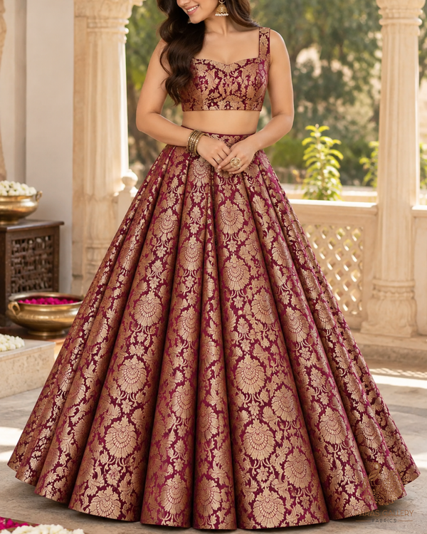 Wine Banarasi Brocade Fabric With All Over Thread And Zari Handloom 23837