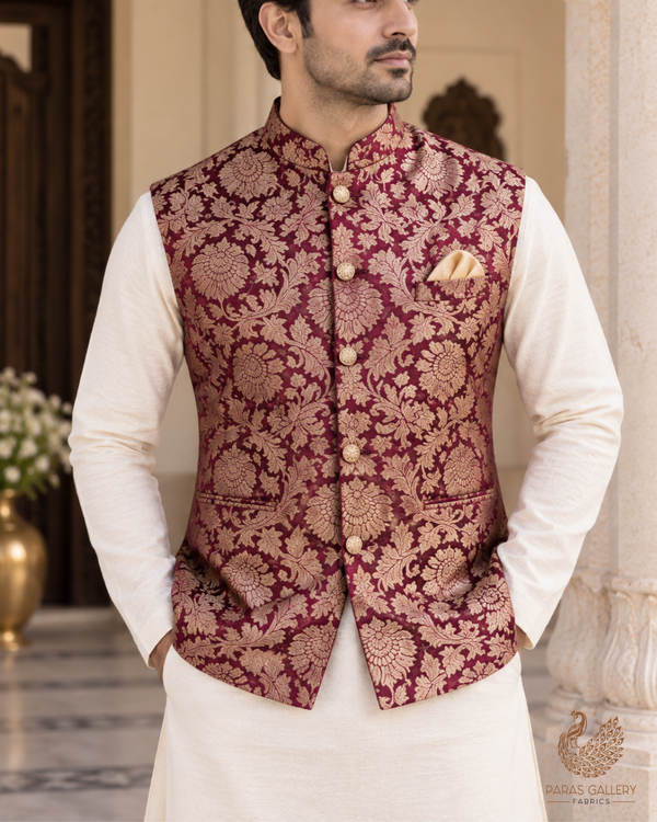 Wine Banarasi Brocade Fabric With All Over Thread And Zari Handloom 23837