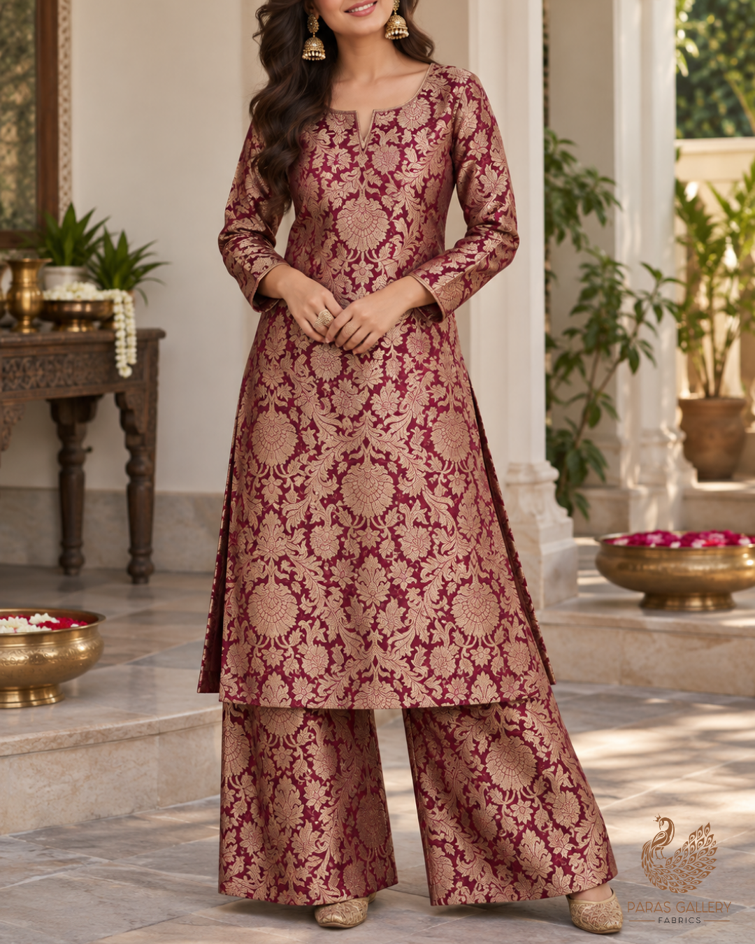 Wine Banarasi Brocade Fabric With All Over Thread And Zari Handloom 23837