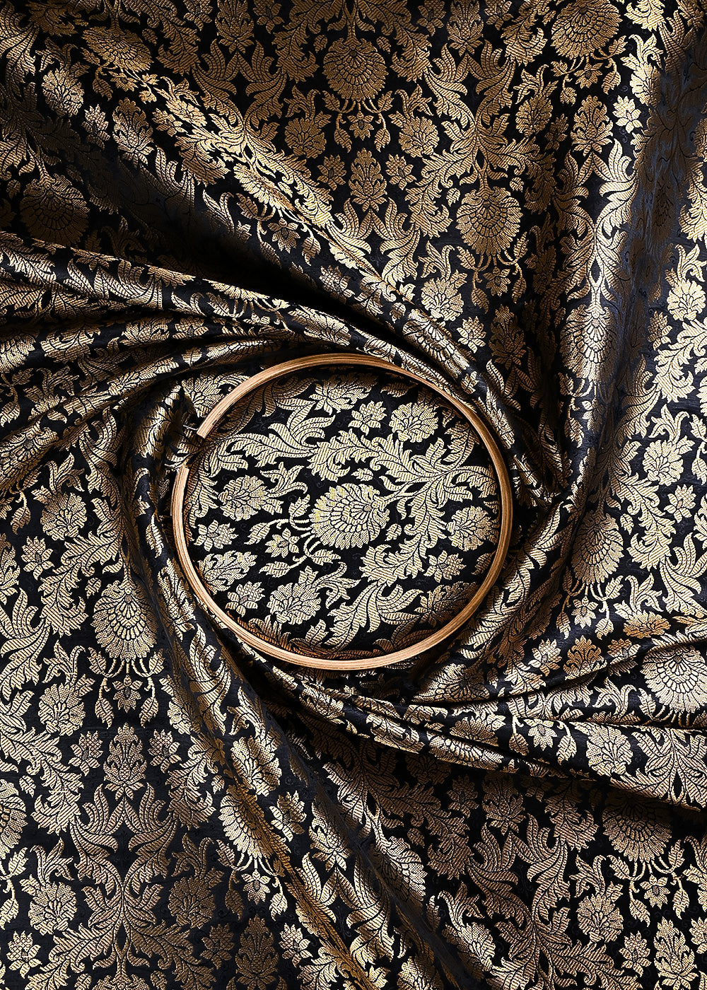 Black Banarasi Brocade Fabric With All Over Thread And Zari Handloom 23838