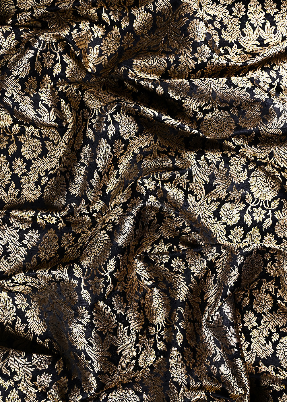 Black Banarasi Brocade Fabric With All Over Thread And Zari Handloom 23838