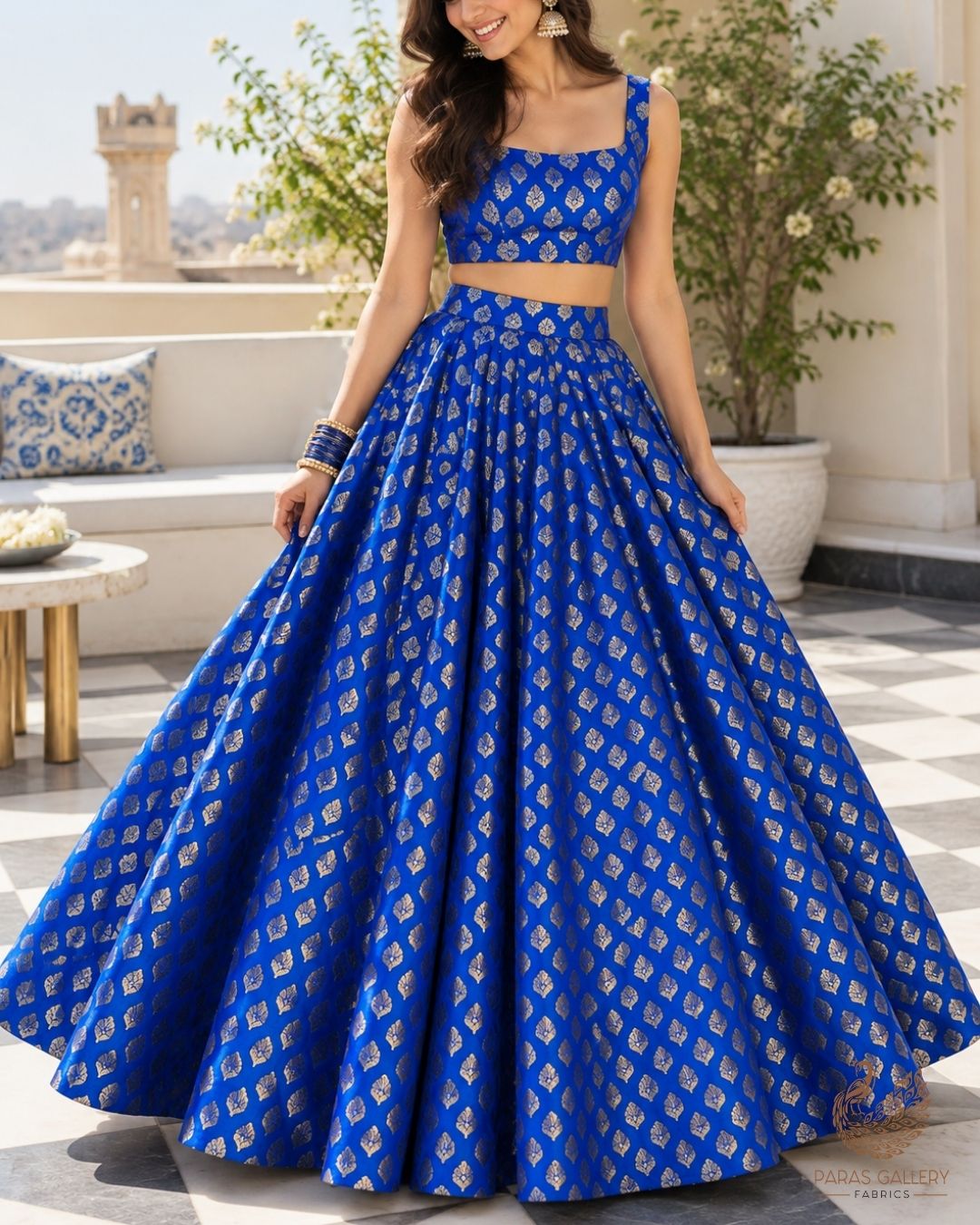 Royal Blue Banarasi Brocade Fabric With All Over Thread And Zari Handloom 23839