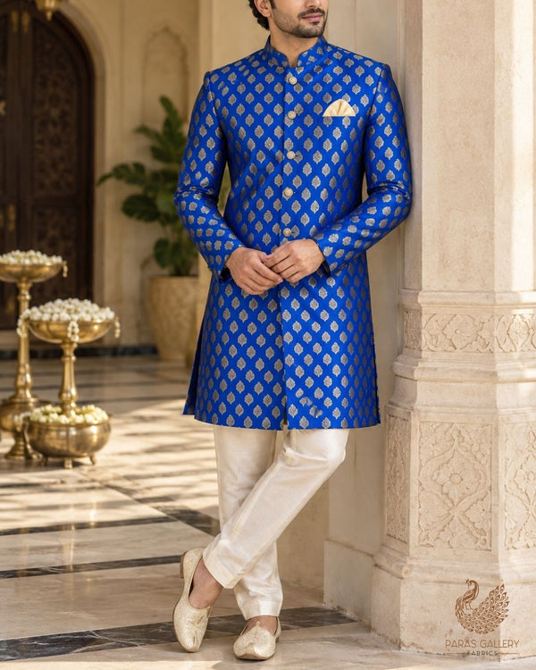 Royal Blue Banarasi Brocade Fabric With All Over Thread And Zari Handloom 23839