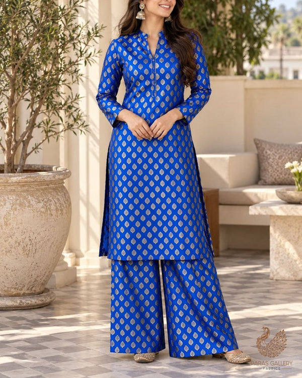 Royal Blue Banarasi Brocade Fabric With All Over Thread And Zari Handloom 23839
