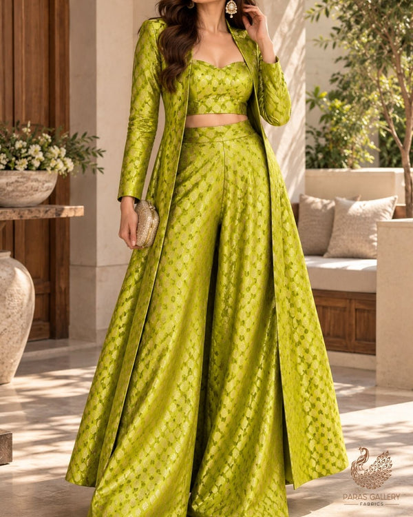 Neon Green Banarasi Brocade Fabric With All Over Thread And Zari Handloom 23840