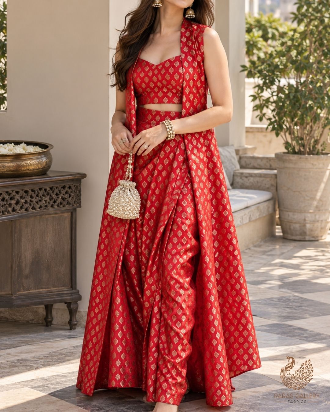 Red Banarasi Brocade Fabric With All Over Thread And Zari Handloom 23841