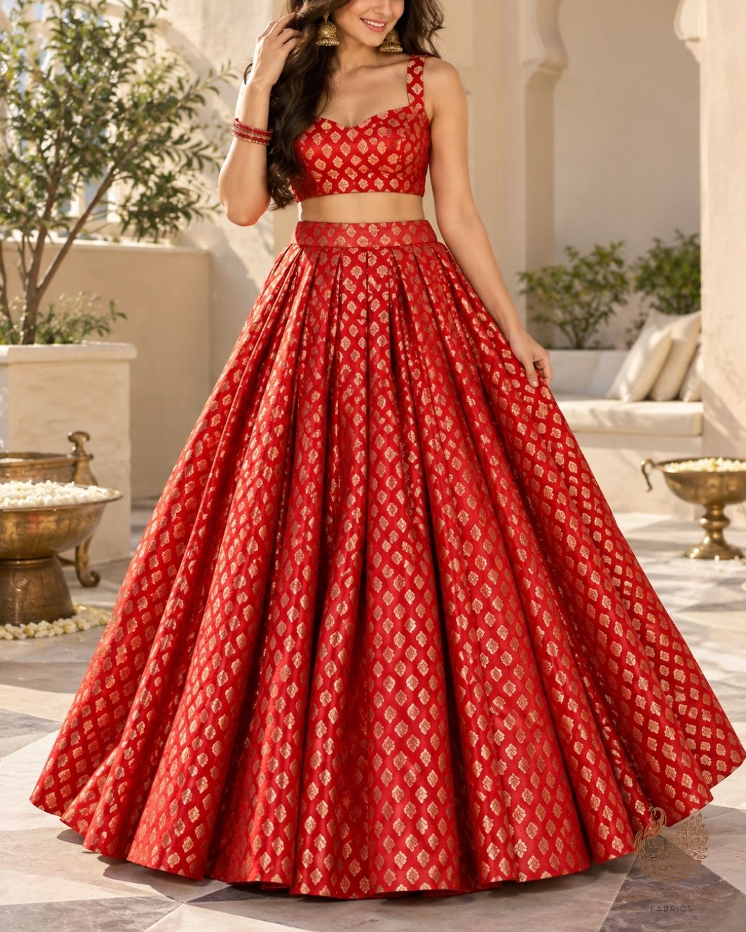 Red Banarasi Brocade Fabric With All Over Thread And Zari Handloom 23841