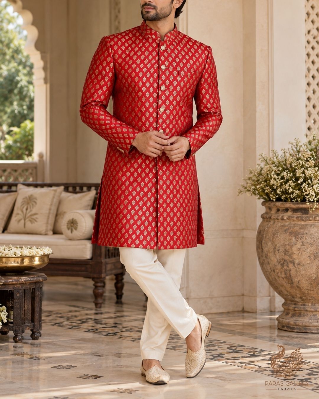 Red Banarasi Brocade Fabric With All Over Thread And Zari Handloom 23841