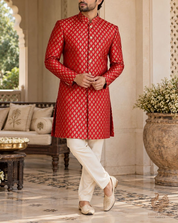 Red Banarasi Brocade Fabric With All Over Thread And Zari Handloom 23841
