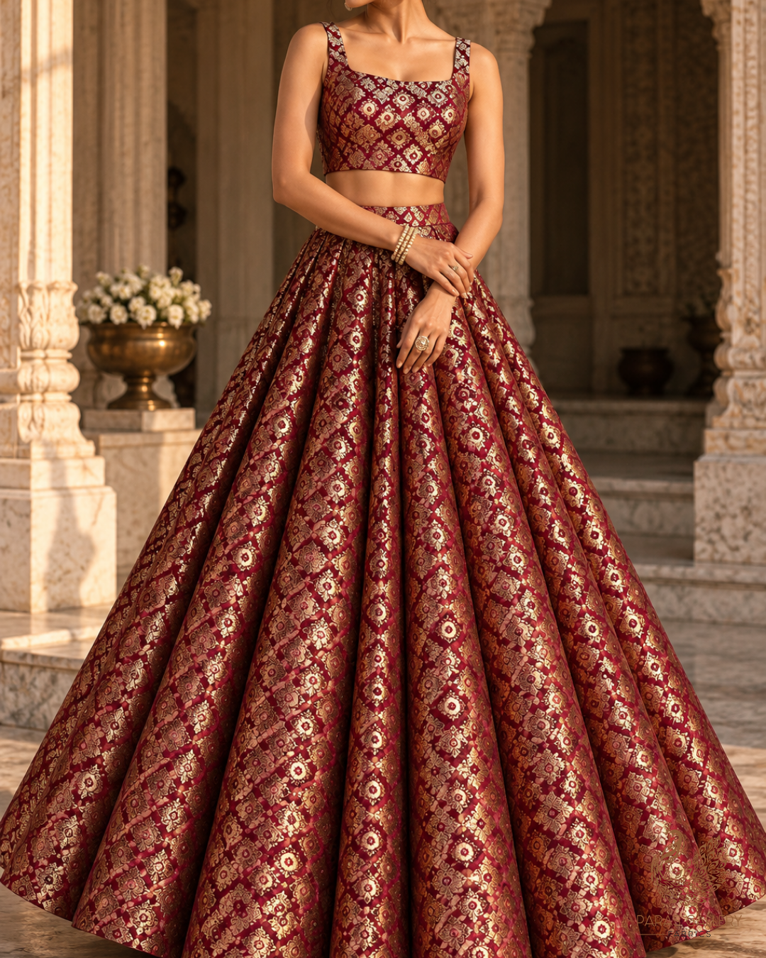 Wine Banarasi Brocade Fabric With All Over Thread And Zari Handloom 23843