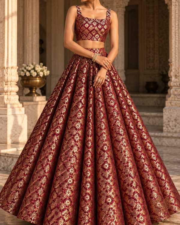 Wine Banarasi Brocade Fabric With All Over Thread And Zari Handloom 23843