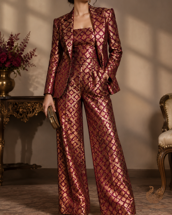 Wine Banarasi Brocade Fabric With All Over Thread And Zari Handloom 23843