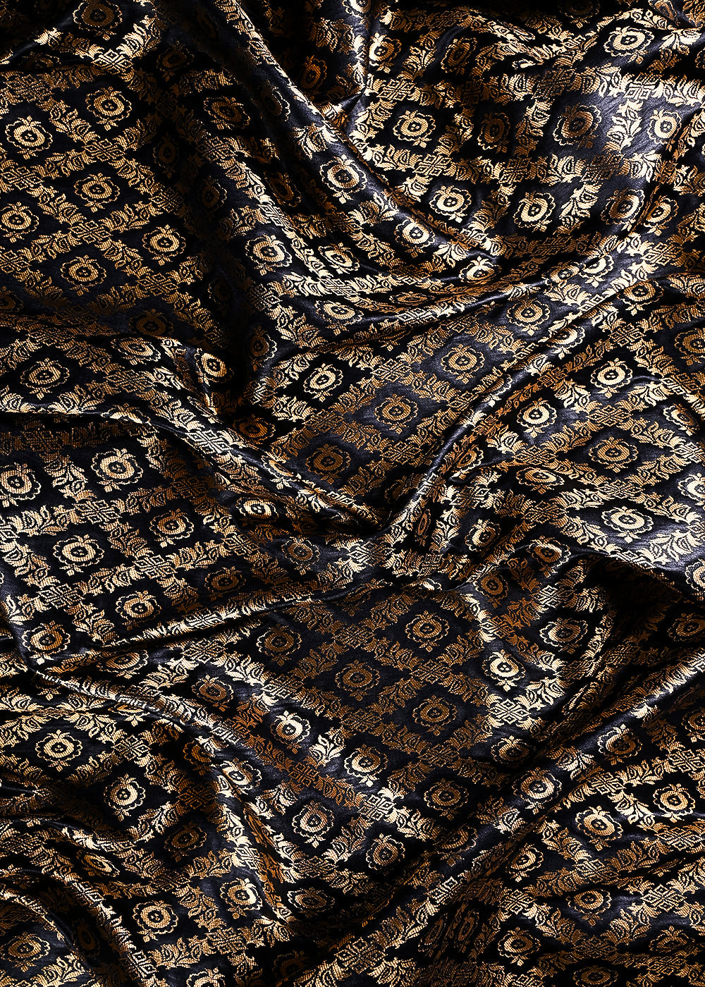 Black Banarasi Brocade Fabric With All Over Thread And Zari Handloom 23844