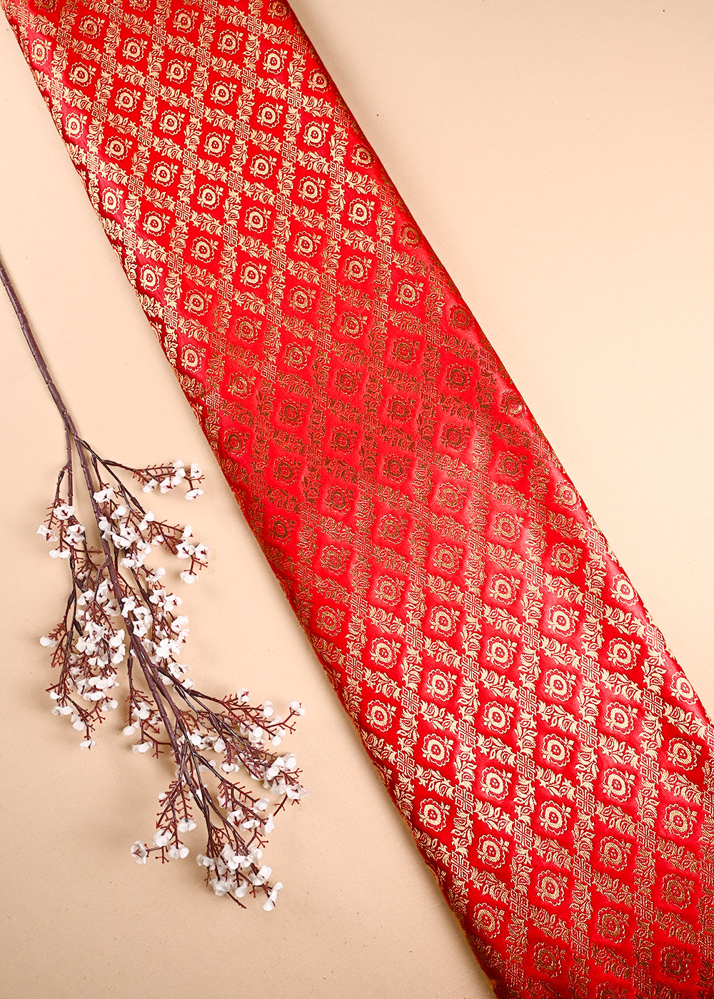 Red Banarasi Brocade Fabric With All Over Thread And Zari Handloom 23845