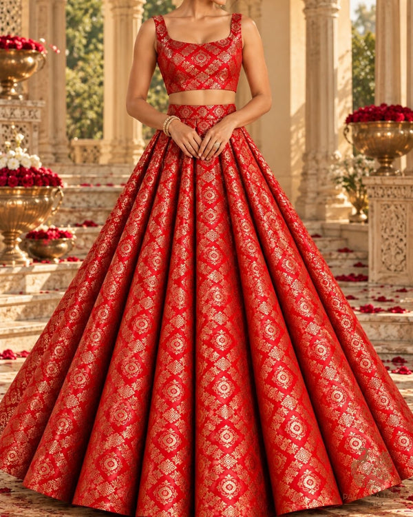 Red Banarasi Brocade Fabric With All Over Thread And Zari Handloom 23845