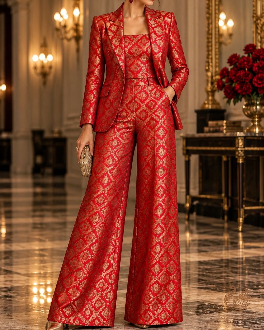 Red Banarasi Brocade Fabric With All Over Thread And Zari Handloom 23845