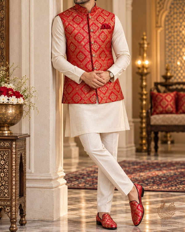 Red Banarasi Brocade Fabric With All Over Thread And Zari Handloom 23845