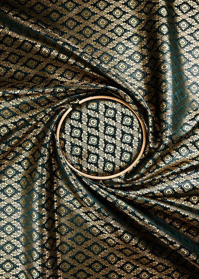 Bottle Green Banarasi Brocade Fabric With All Over Thread And Zari Handloom 23846