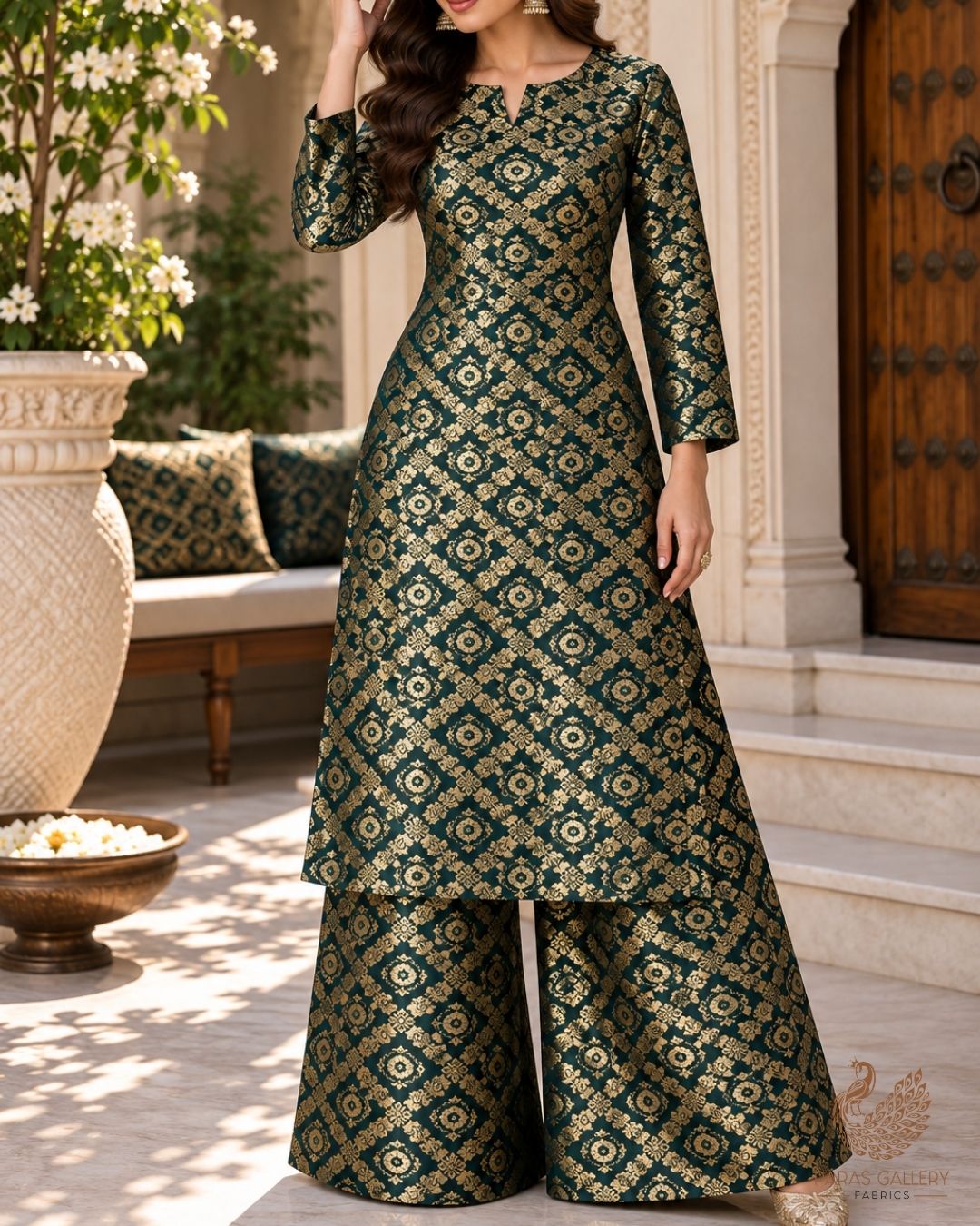 Bottle Green Banarasi Brocade Fabric With All Over Thread And Zari Handloom 23846