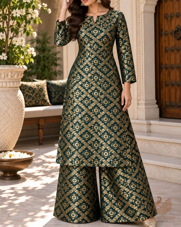 Bottle Green Banarasi Brocade Fabric With All Over Thread And Zari Handloom 23846