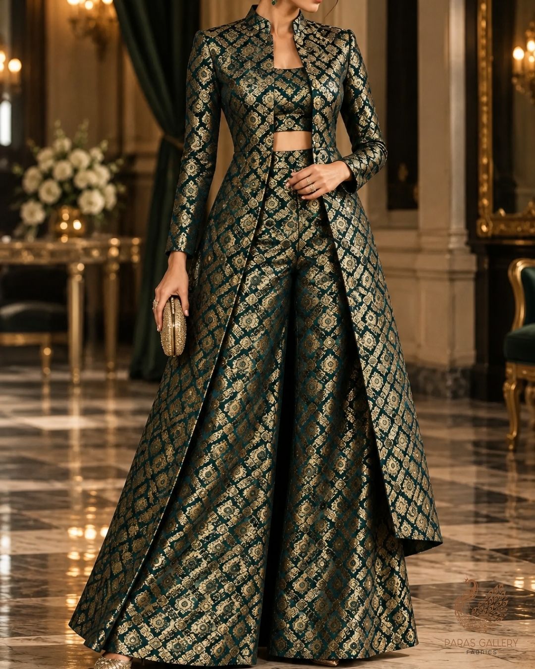 Bottle Green Banarasi Brocade Fabric With All Over Thread And Zari Handloom 23846