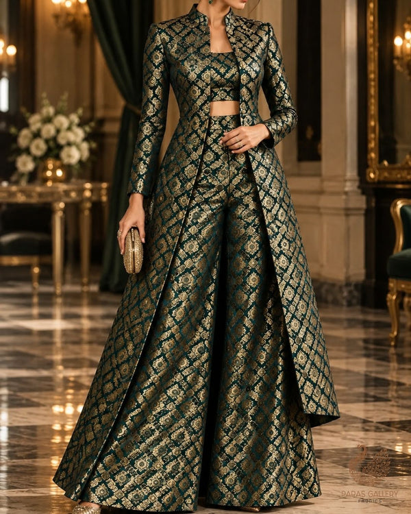 Bottle Green Banarasi Brocade Fabric With All Over Thread And Zari Handloom 23846