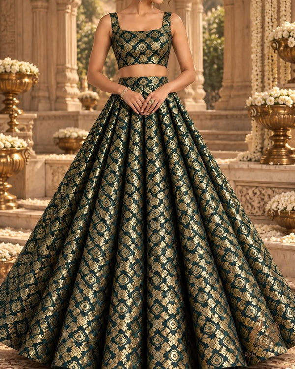 Bottle Green Banarasi Brocade Fabric With All Over Thread And Zari Handloom 23846